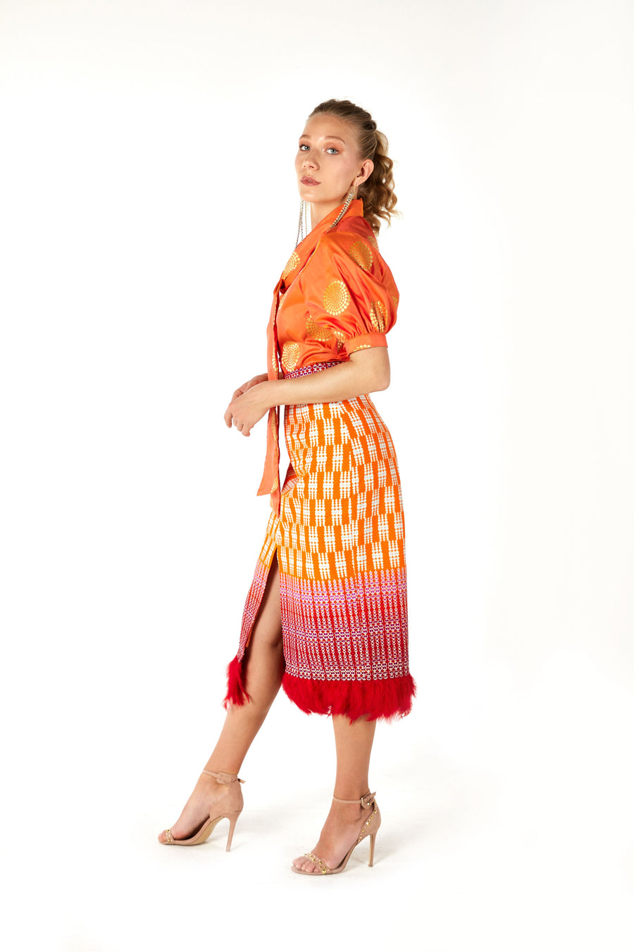 Faux Feather Slit Skirt